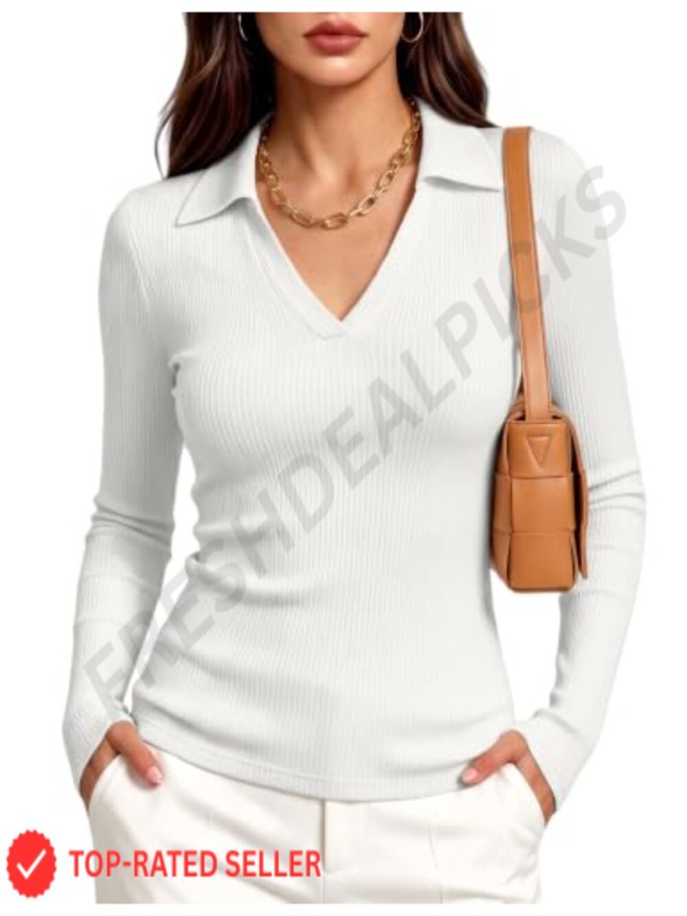 Long Sleeve V-Neck Polo Shirt Slim Fit Ribbed Business Casual Top